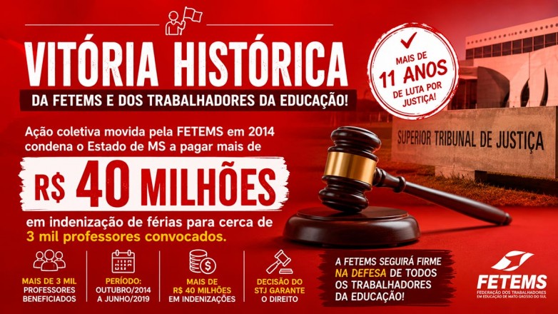 Ação Coletiva movida pela Ação da FETEMS garante indenização superior a R$ 40 milhões para mais de 3 mil professores convocados